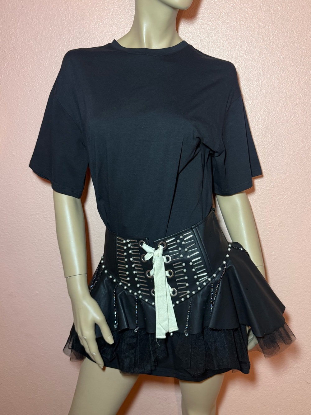 Black Corset Mini Dress Goth Punk Studded Pearl Tulle Size S